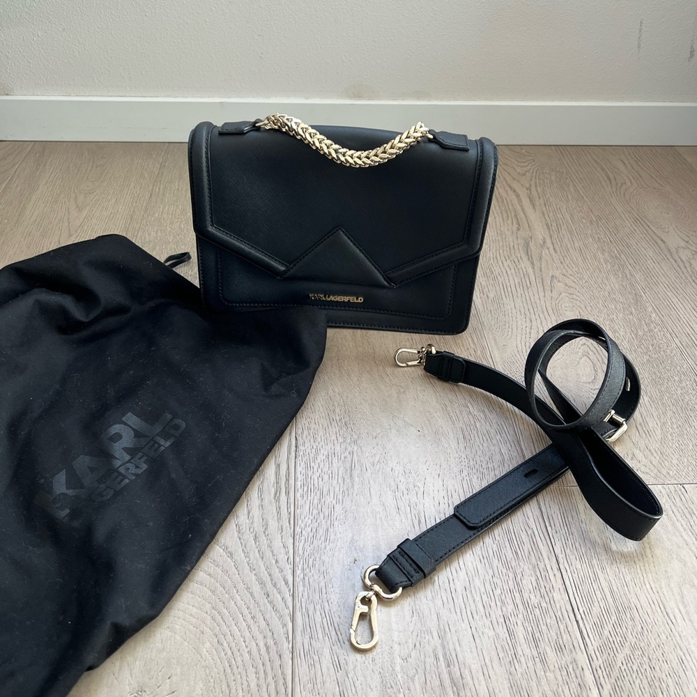 Karl Lagerfeld black leather crossbody and formal handbag with gold chain